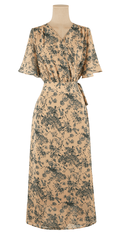Goddess-inspired wrap dress with floral print, featuring graceful wing sleeves and an adjustable ribbon tie for a flattering silhouette.