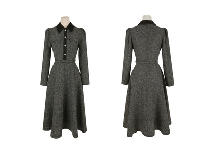 Classic Collar Elegant  Tweed Dress with Belt