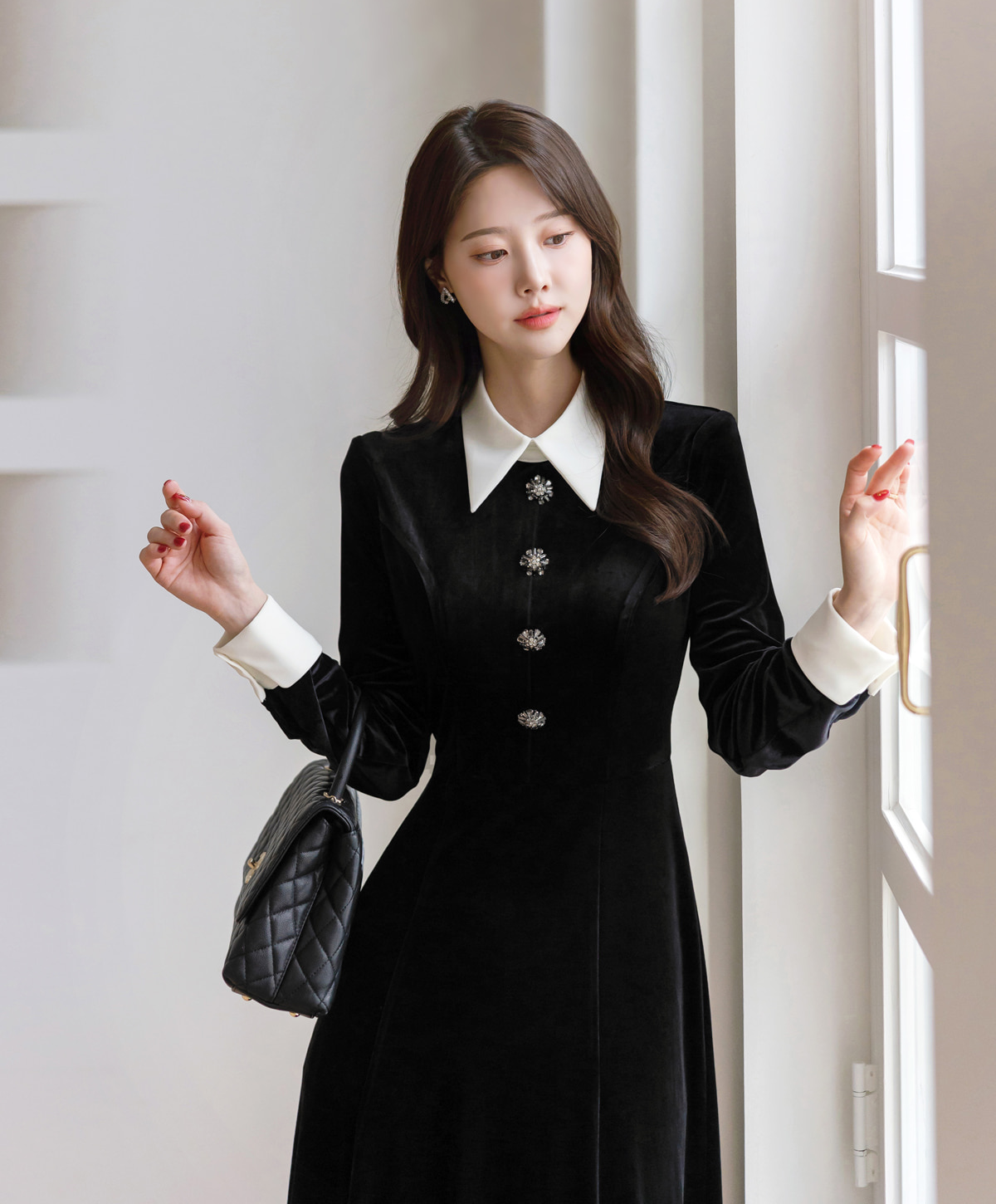 Velvet Flare Dress with Jewelry Buttons, White Collar & Cuffs