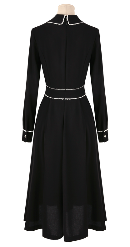 Black Flare Dress with Lace-Trimmed Collar and Enamel Button Detail