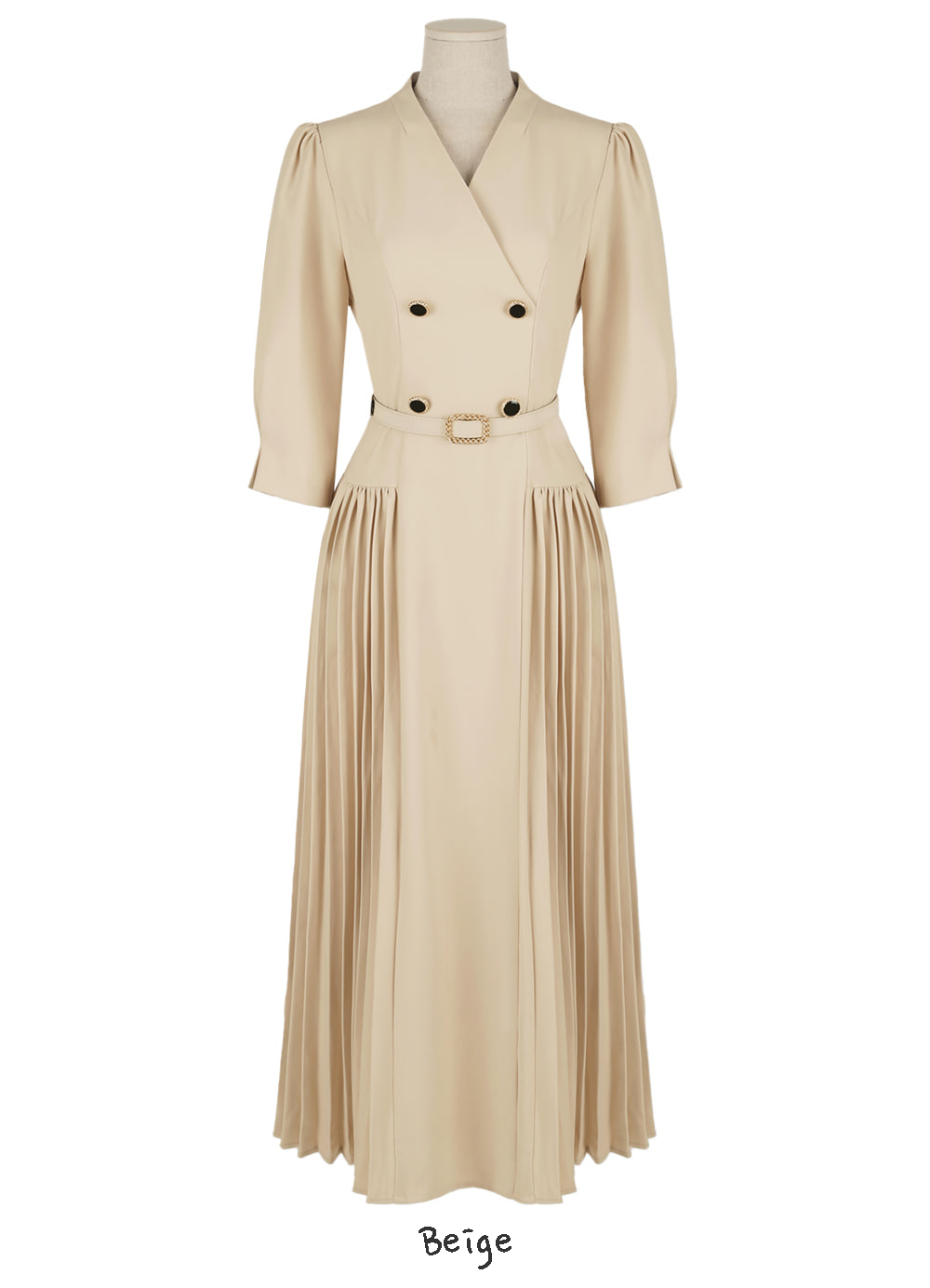 Elegant Double Buttoned Belted Dress with Side Pleats