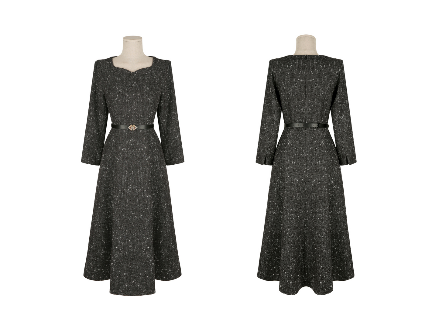 Elegant Heartneck Belted Flare Tweed Dress