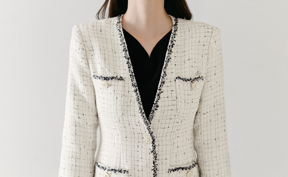 V-neck Fringe Trimming Long Tweed Jacket