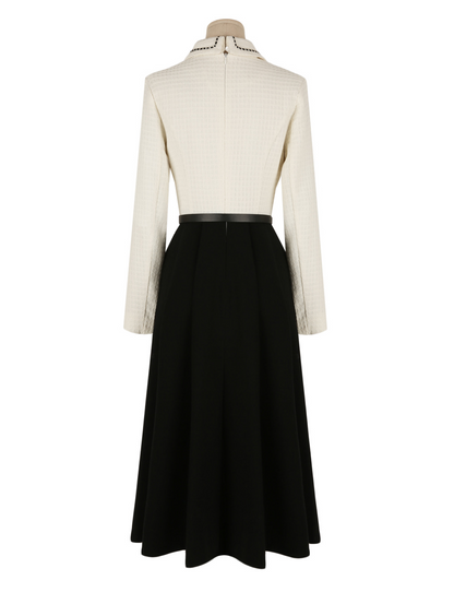 Elegant Two-tone Contrast Tweed Dress with Belt