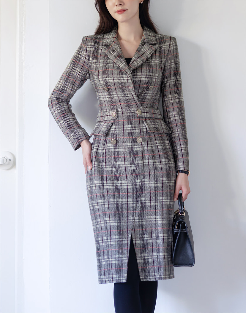 Glen Check Double-Breasted Tailored Dress