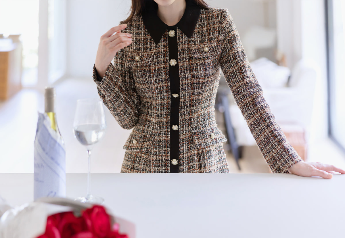 Brown Tweed Fringe Dress with Black Contrast Details