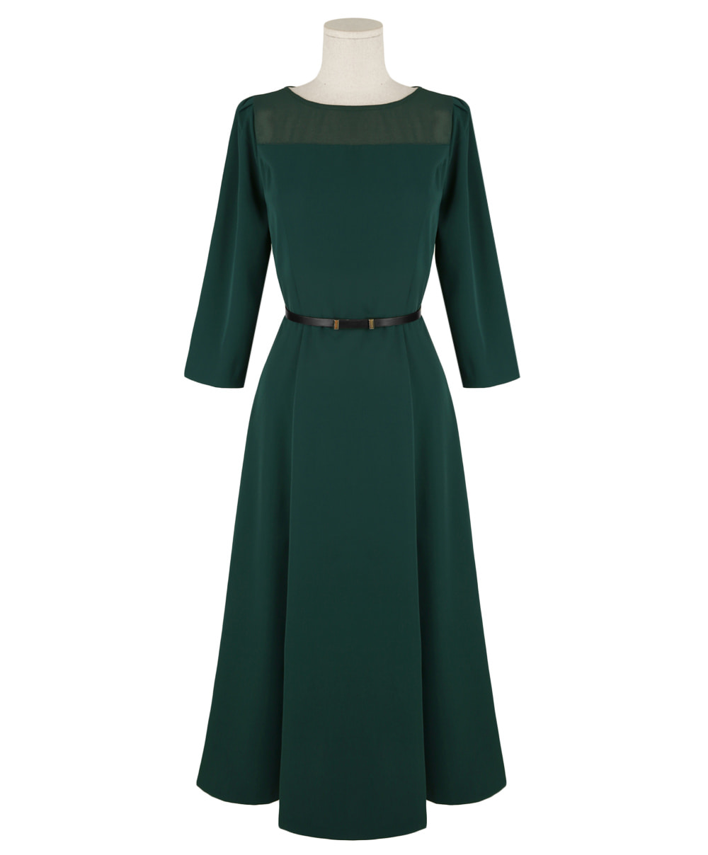 Elegant 3/4 Sleeve Belted Dress with Sheer Neckline Accent