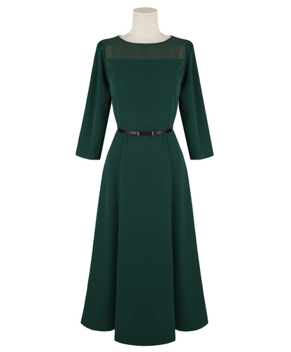 Elegant 3/4 Sleeve Belted Dress with Sheer Neckline Accent