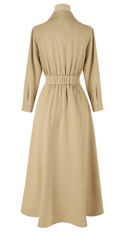 Flare Midi Dress with Collar Wrap Design and Side Mini Belt – Elegant Fit with Back Elastic Band