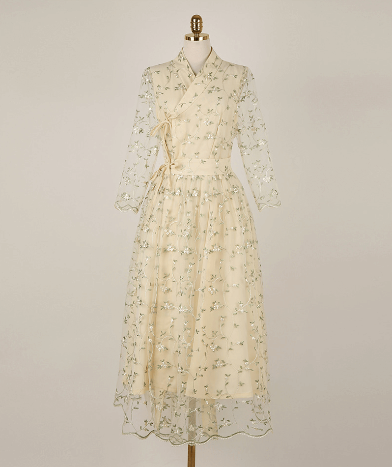 Floral Embroidered Lace Modern Wrap Hanbok Dress with a Romantic Touch