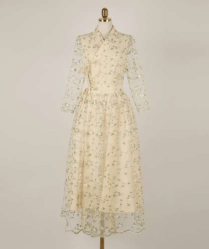 Floral Embroidered Lace Modern Wrap Hanbok Dress with a Romantic Touch