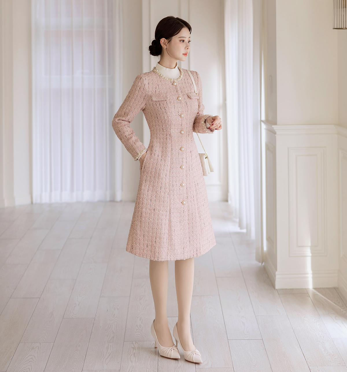 Elegant Long Tweed Jacket with Pearl Trimming