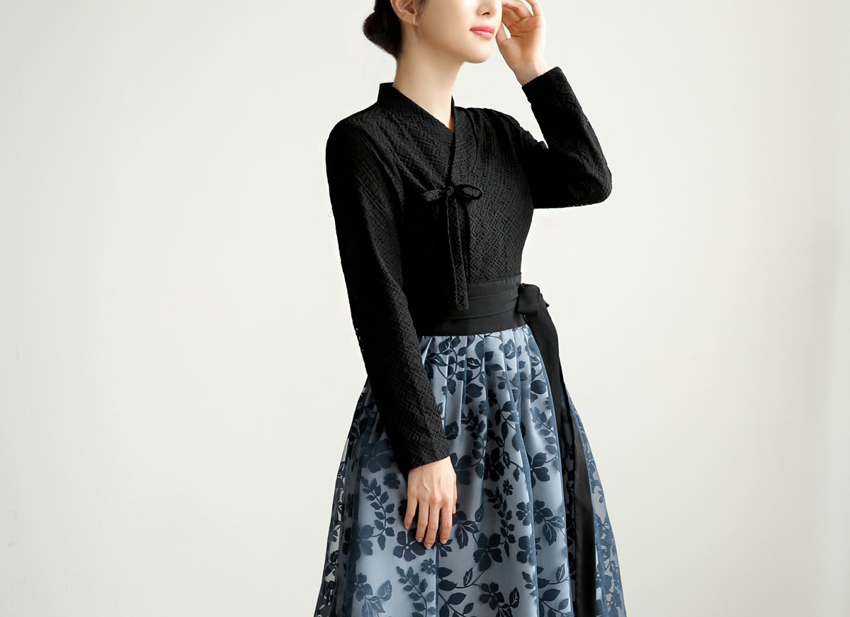 Punched Lace Modern Hanbok Blouse in Black