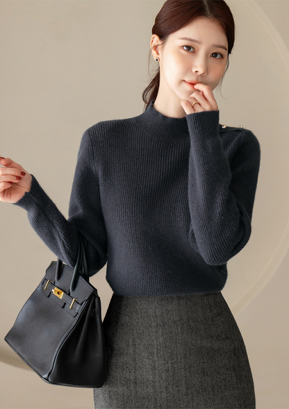 Soft Side‑Button Mock Neck Knit for Cozy Office & Everyday Style