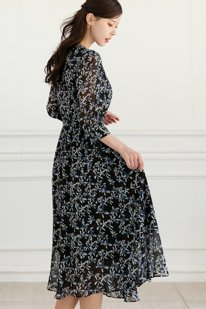 Romantic Floral Chiffon Wrap Dress with Sheer Three-Quarter Sleeves