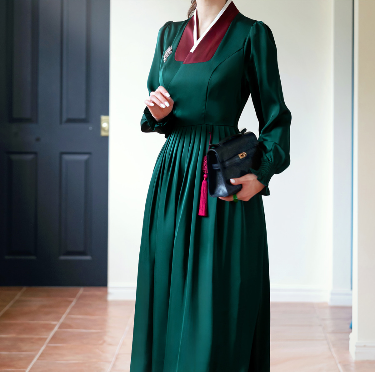 Elegant Modern Hanbok Wrap Dress with Contrasting Collar