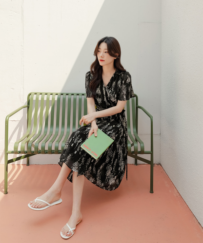 Airy Floral Chiffon Dress with a Softly Defined Wrap Waist