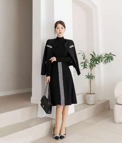 Elegant Women's Suit / No Collar Tweed Jacket Blazer and Semi-Flare Skirt