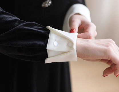 Velvet Flare Dress with Jewelry Buttons, White Collar & Cuffs