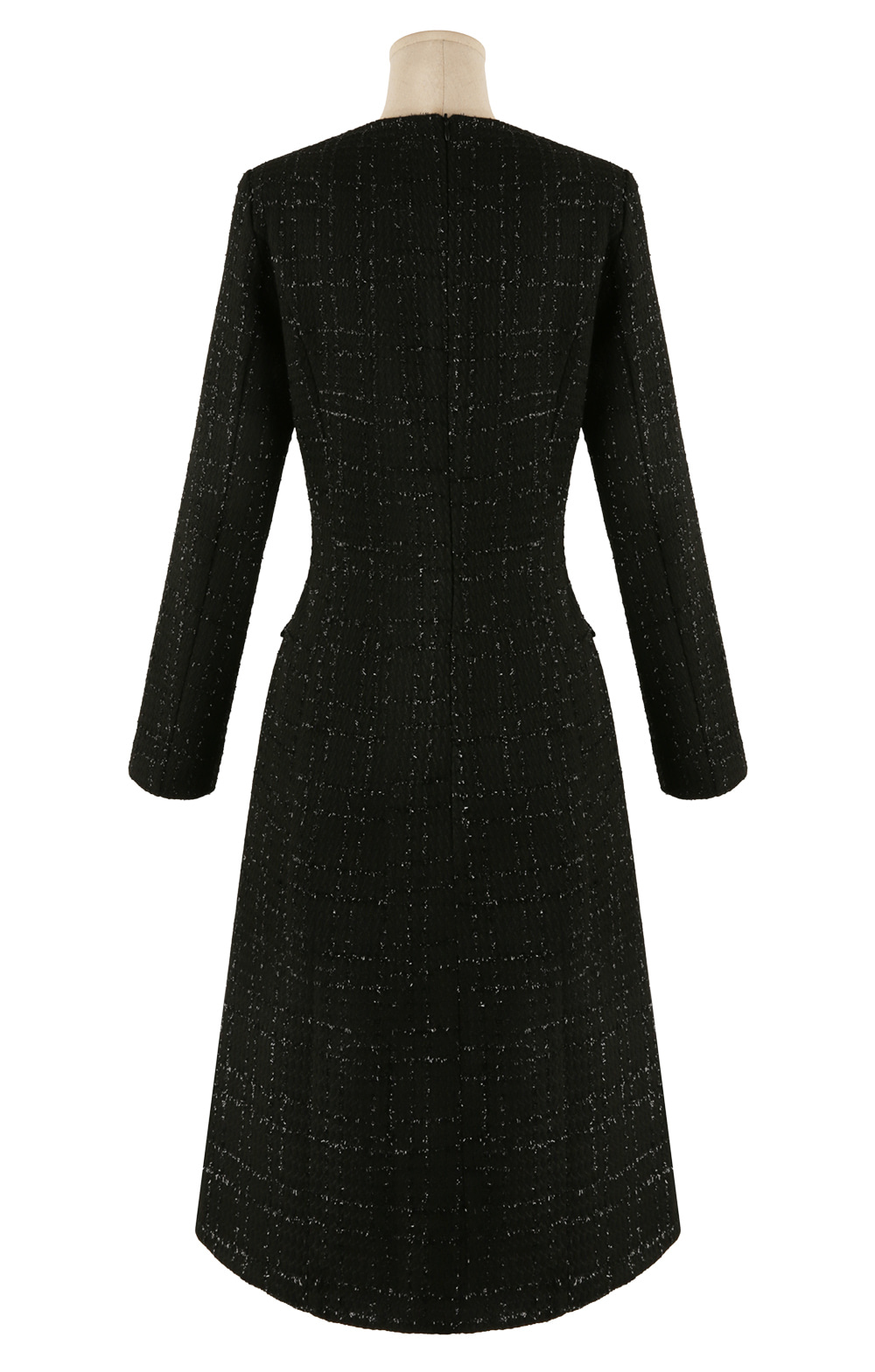 Pearl-Mix Tweed A-Line Dress with V-Neck and Decorative Flap Pockets