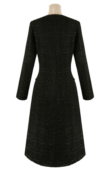 Pearl-Mix Tweed A-Line Dress with V-Neck and Decorative Flap Pockets