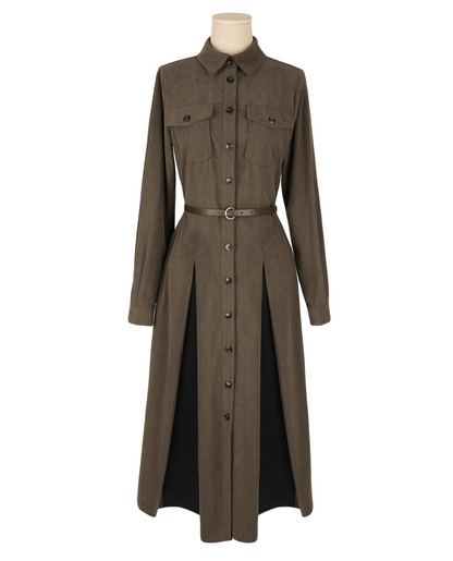 Corduroy A-Line Shirt Dress with Pin-Tuck and Contrast Details