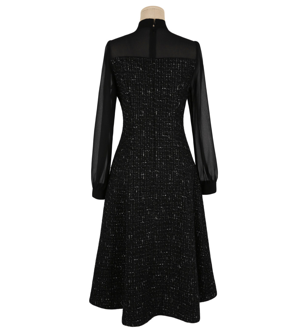 Elegant Tweed Dress with Sheer Tie-Neck Overlay