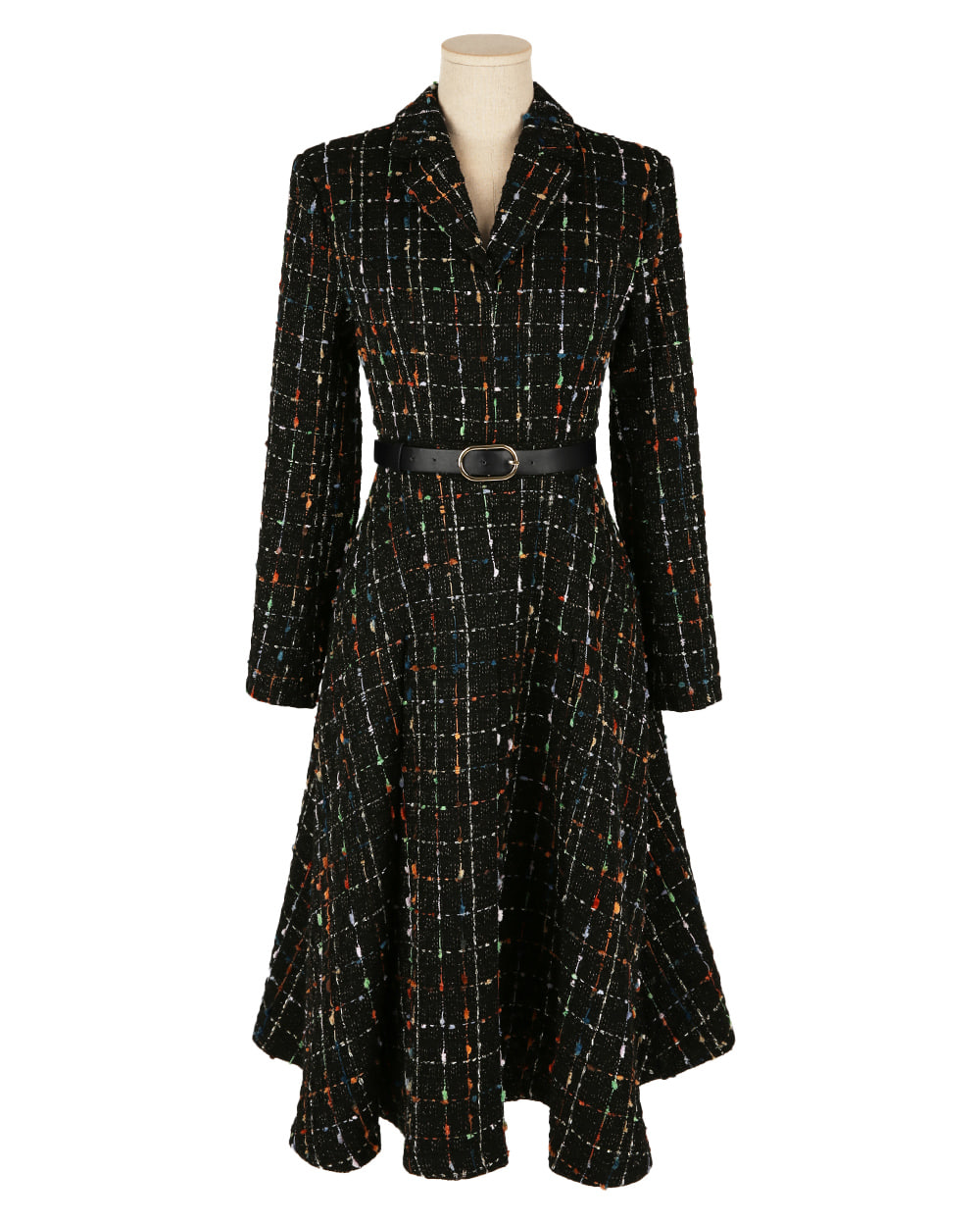 Elegant Tweed Flare Dress with Belted Waist and Gold‑Thread Detail