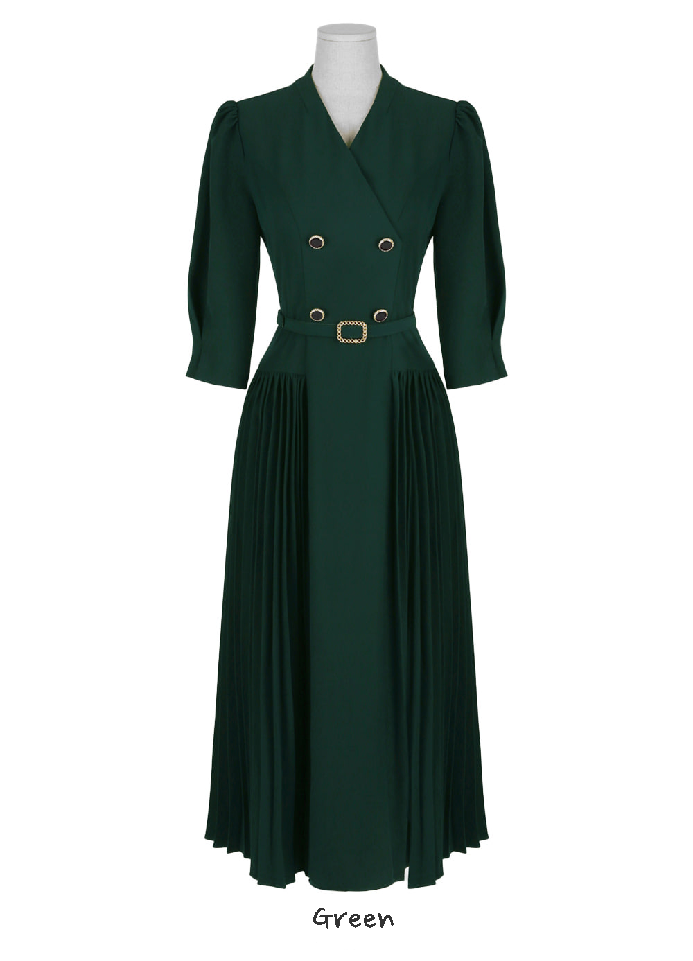 Elegant Double Buttoned Belted Dress with Side Pleats