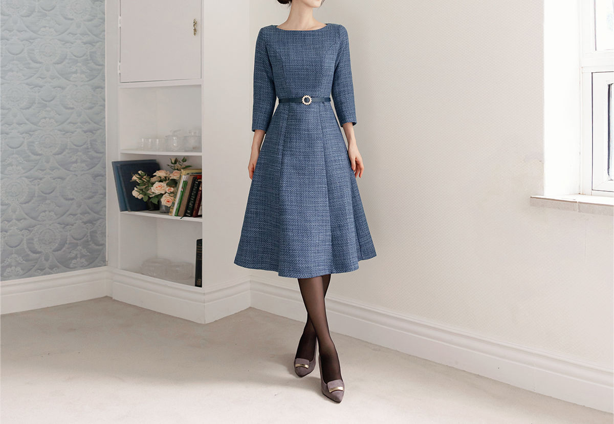 Feminine Boat Neck Blue Tweed Flare Dress with Belt