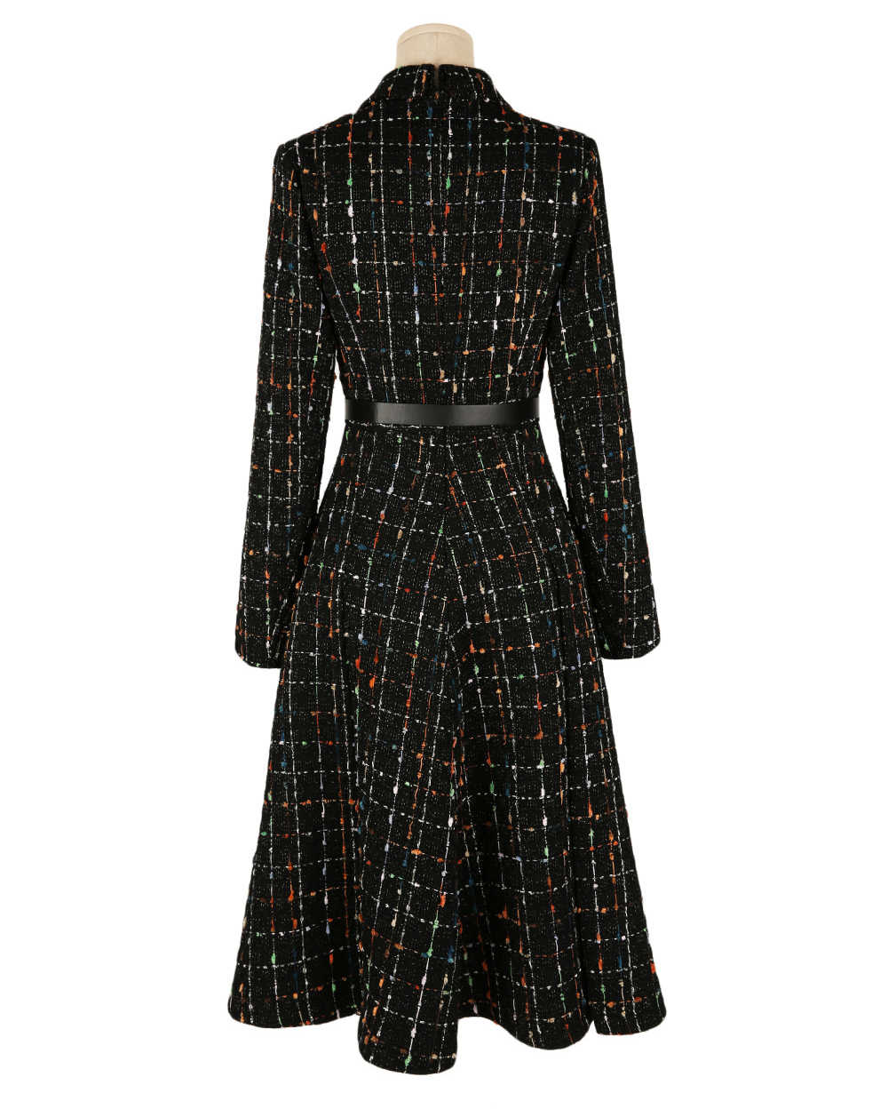 Elegant Tweed Flare Dress with Belted Waist and Gold‑Thread Detail