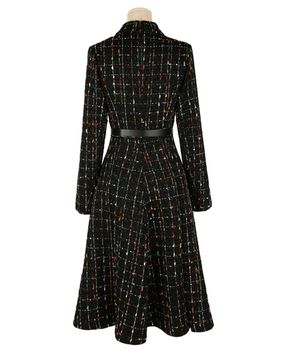 Elegant Tweed Flare Dress with Belted Waist and Gold‑Thread Detail