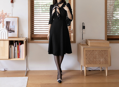 Black Voluminous Draped Flare Dress