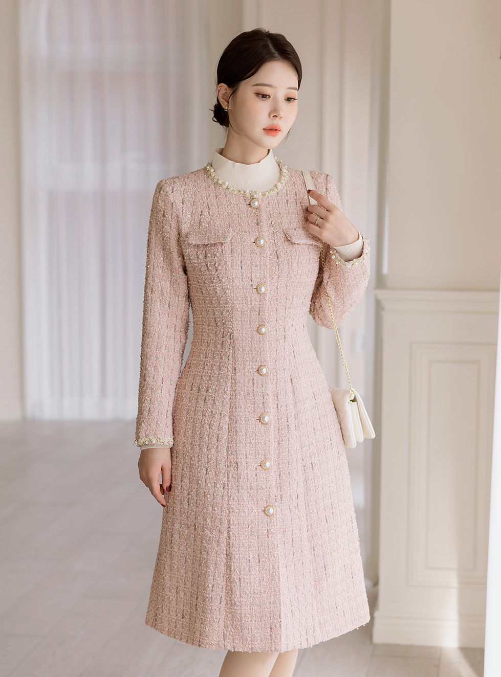 Elegant Long Tweed Jacket with Pearl Trimming