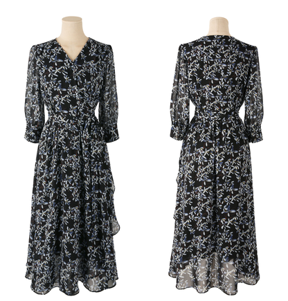 Romantic Floral Chiffon Wrap Dress with Sheer Three-Quarter Sleeves