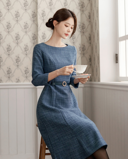 Feminine Boat Neck Blue Tweed Flare Dress with Belt