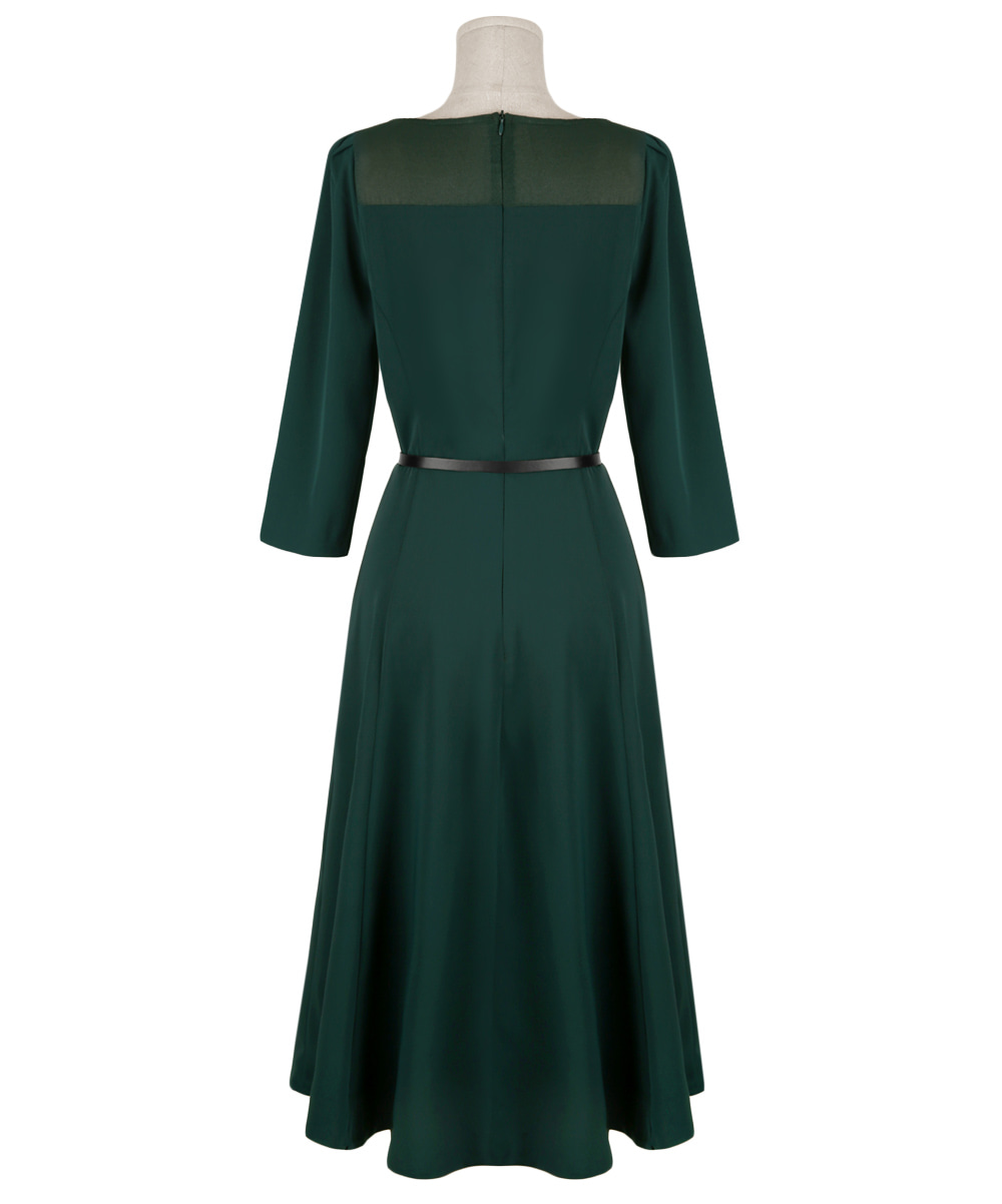 Elegant 3/4 Sleeve Belted Dress with Sheer Neckline Accent