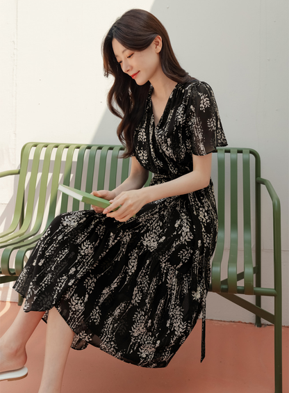 Airy Floral Chiffon Dress with a Softly Defined Wrap Waist