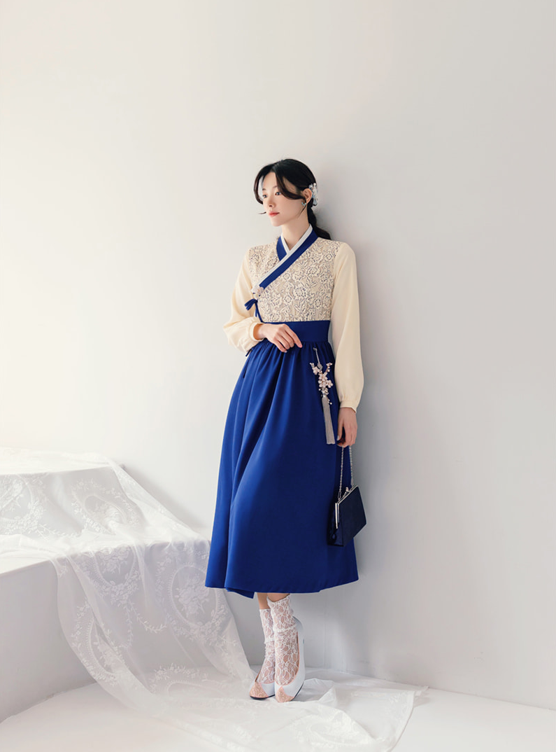 Floral Lace Wrap Modern Hanbok Dress in Green and Blue