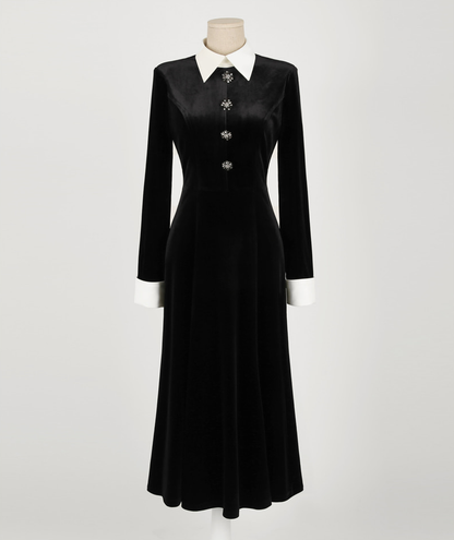 Velvet Flare Dress with Jewelry Buttons, White Collar & Cuffs