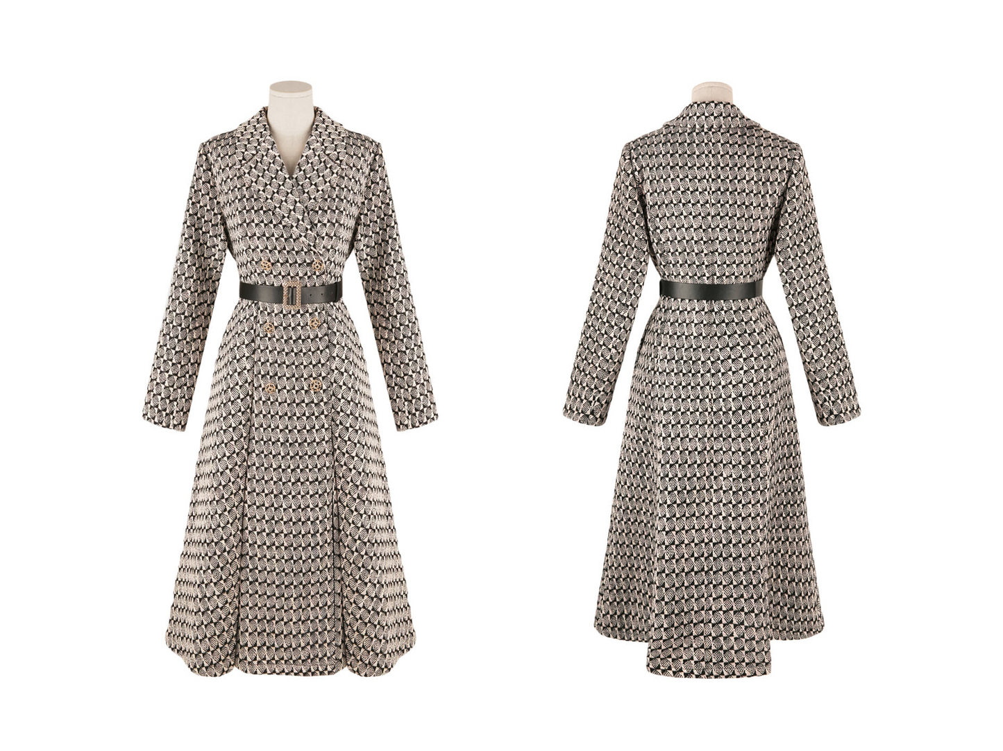 Notched Collar Double Buttons Flare Coat with Belt