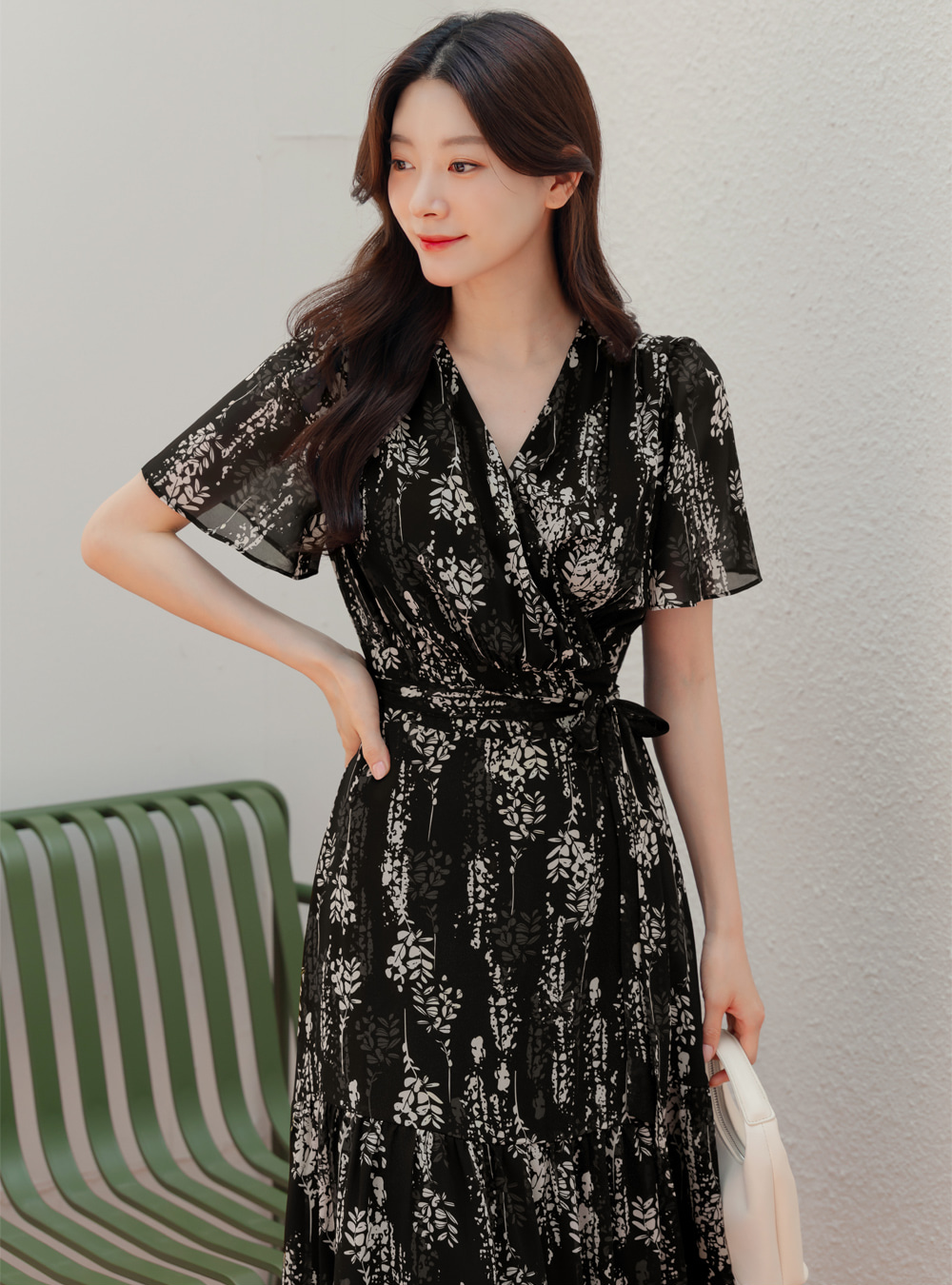Airy Floral Chiffon Dress with a Softly Defined Wrap Waist