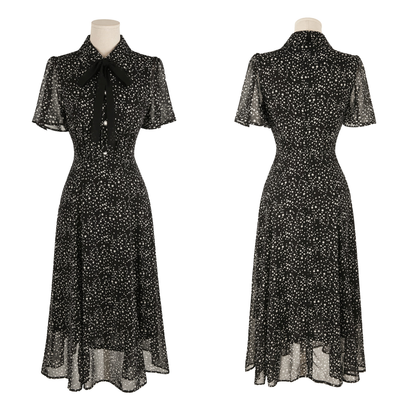 Romantic Chiffon Tie-Neck Dress with Graceful Dot Print