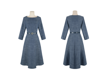 Feminine Boat Neck Blue Tweed Flare Dress with Belt