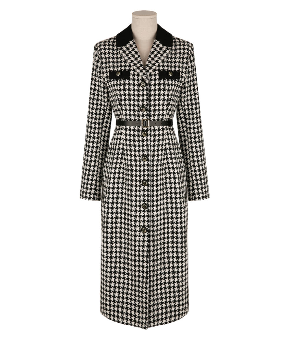 Houndstooth Pattern Tweed Dress with Tailored Collar