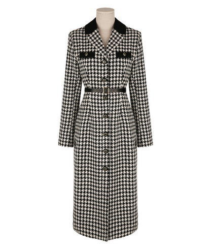 Houndstooth Pattern Tweed Dress with Tailored Collar