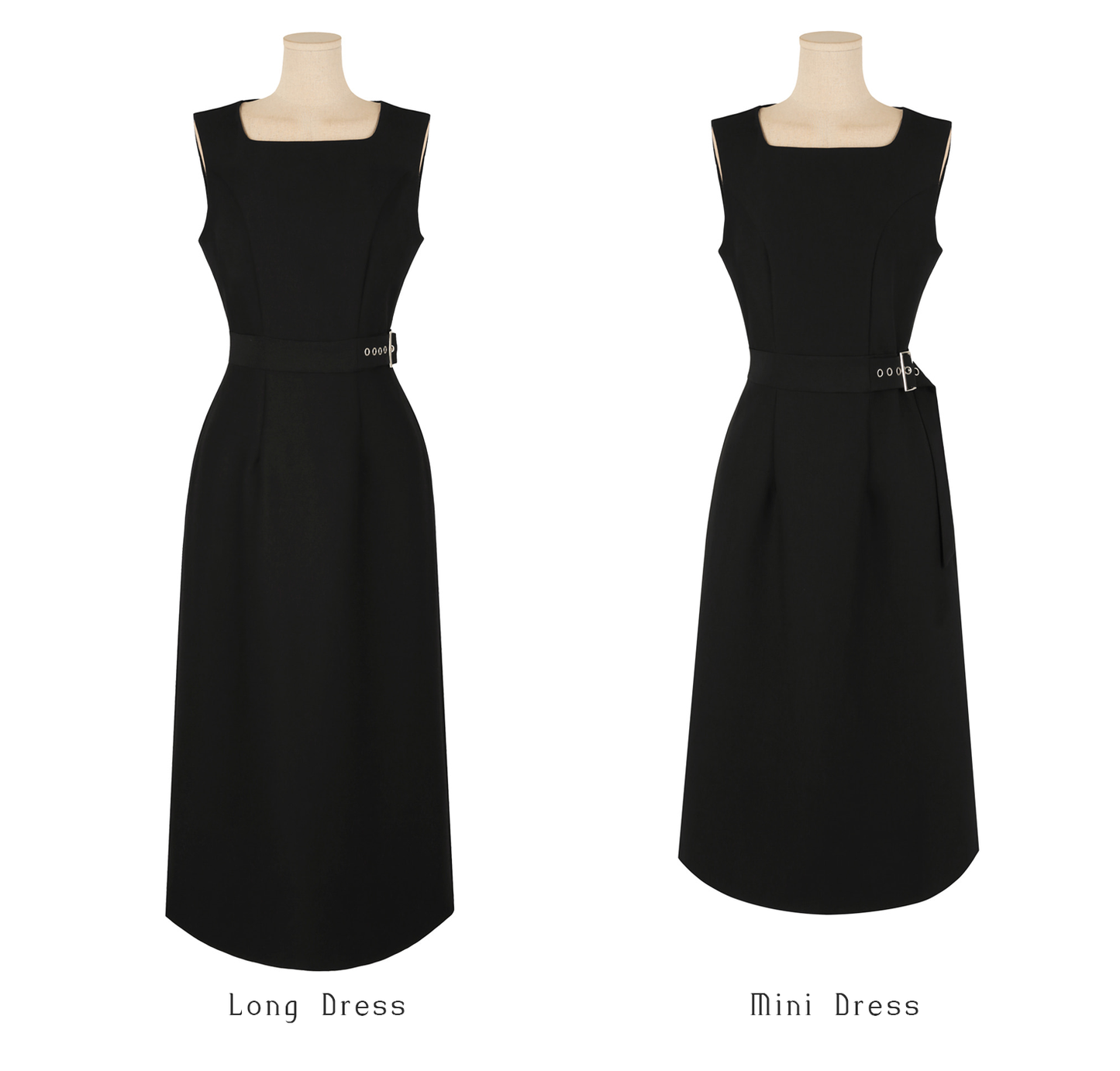 Square‑Neck Sleeveless A-Line Dress with Eyelet Buckle and Belted Waist