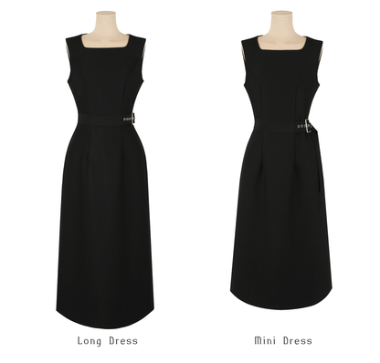 Square‑Neck Sleeveless A-Line Dress with Eyelet Buckle and Belted Waist