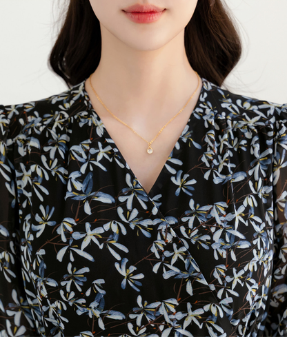 Romantic Floral Chiffon Wrap Dress with Sheer Three-Quarter Sleeves