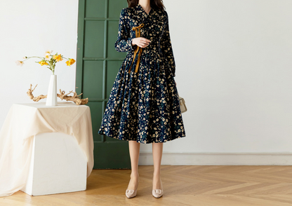 Brushed Fleece Modern Hanbok Wrap Dress with All-Over Small Floral Print